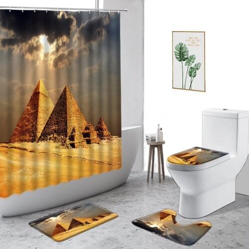 3D Egypt Pyramid Desert Scenery Shower Curtains Home Decor Background Bathroom Set Anti-Slip Carpet Toilet Cover Bath Curtain