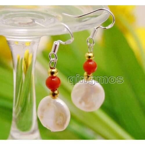 12-13mm White Coin Round Natural Freshwater Pearl and 5-6mm Red Coral Earring-ear471 wholesale/retail Free shipping