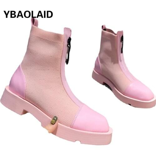 Fashion Square Toe Personalized Front Zipper Martin Boots 2021 Fall/Winter New Style Stitching Elastic Tube Thick Mid-heel Boots