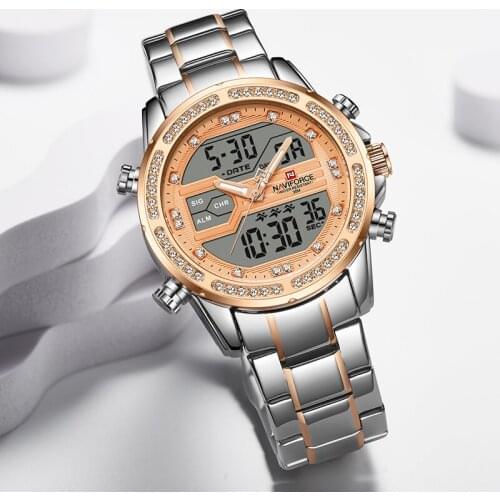 NAVIFORCE Fashion Rose Gold Diamond Sport Watch for Men Top Brand Luxury Analog Digital Dual Display Wristwatch Waterproof Clock