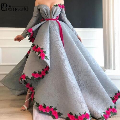 Gray Evening Dresses Long 2020 Lace Flowers Off The Shoulder Full Sleeves Vestidos De Festa Party Ball Gowns Formal Dress