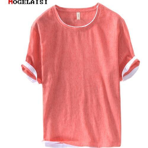 2018 Fashion linen t shirt men short sleeve breathable soft RED t shirt 100%cotton SOLID Comfortable High quality top&tee 260