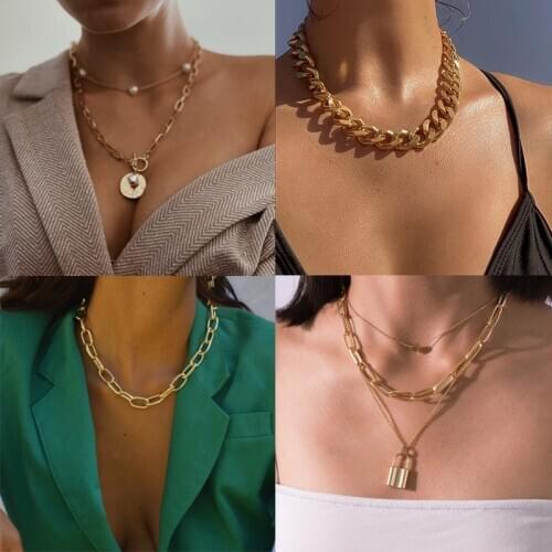 Hip Hop Cuban Link Choker Necklace Collar Punk Chunky Aluminum Thick Chain Necklace Women Statement Star Lock Pendant Necklace