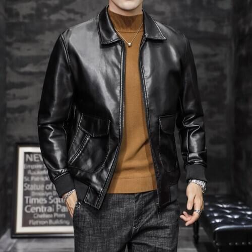 Classic Vintage Turn Down Collar PU Leather Jackets Men Clothes 2020 Fashion Big Pockets Slim Fit Black Motorcycle Coats 4XL-M