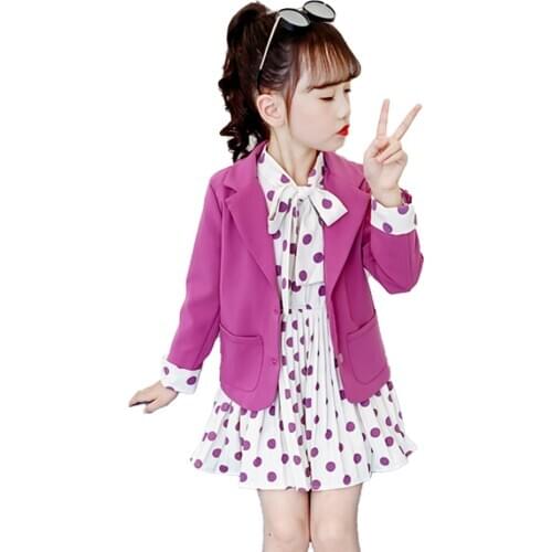 Girls Clothes Set Jacket + Dot Dress Girl Clothes Casual Style Girl Outfit Autumn Winter Kids Suit Set