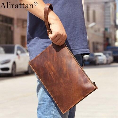 Alirattan New Retro Cowhide Envelope Clutch Bag Fashion Design Genuine Leather Wrist Bag Female Cowhide Pouch Ipad Holder Case