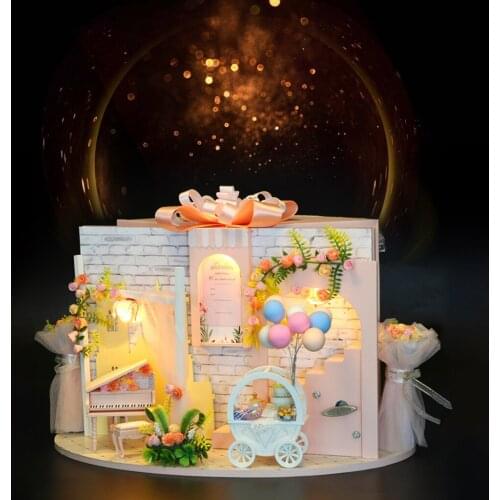 Miniature Dollhouse with Furniture Kit LED Light & Battery Case Romantic Wedding Scene Engagement Ceremony Doll House for Girls