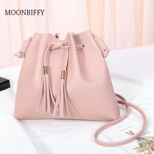 Fashion String Bucket Bag for Women PU Leather Small Handbag Female Tassel Purse Shoulder Crossbody Bags Sac Main Femme