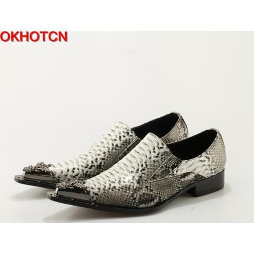 OKHOTCN 2018 Korean Fashion Men Dress Shoes Metal Pointed Toe Chaussure Homme Snakeskin Oxfords Shoes Men Grey Leather Loafers