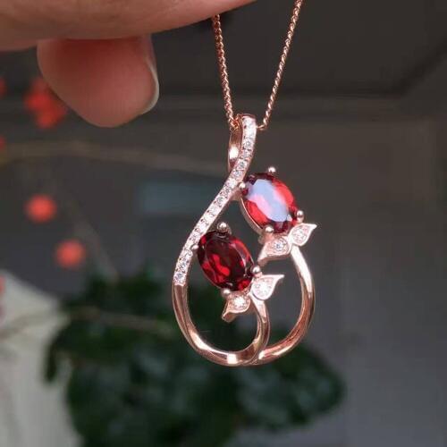 Natural red garnet stone pendant S925 silver Natural gemstone Pendant Necklace trendy Luxury double Flowers women gril jewelry