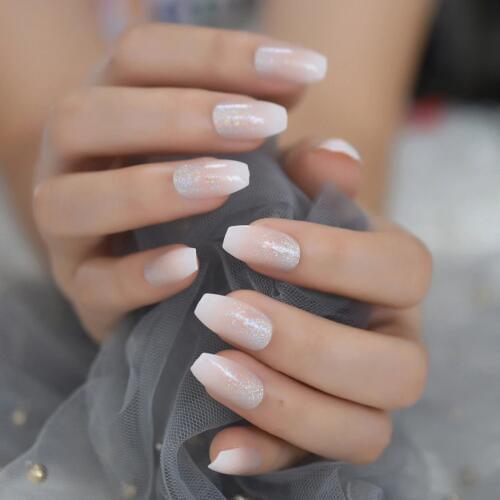 Natural Medium Ballerina Nail Glitter Beauty Smooth French Fake Nail Nude Shining Daily Coffin False Nail