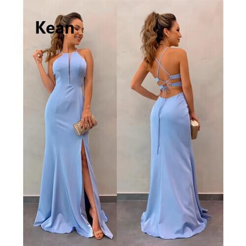 New Arrival Simple Blue Deep-V Neck Halter Evening Dress Backless Slit Cheap Islamic Dubai Kaftan Saudi Arabic Prom Dress
