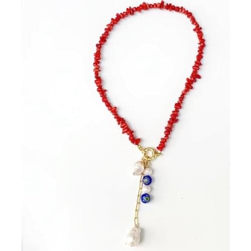 2021 New Handmade Red Coral Beaded Necklace Baroque Freshwater Pearl Pendant Gift For Girl Women Fashion Beach Jewelry ожерелье