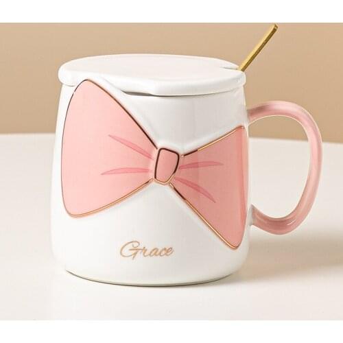 Bow Relief Mug Lovely Three Dimensional Ceramic Cup Home Office Women Give Gifts and Drink Cups Coffee Mug with Lid and Straw