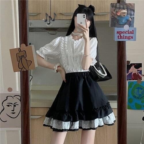Stringy Selvedge Short Sleeve Shirt White Shirt Womens Design Sense Niche Top Cake Skirt Suit Summer Thin kawaii dress