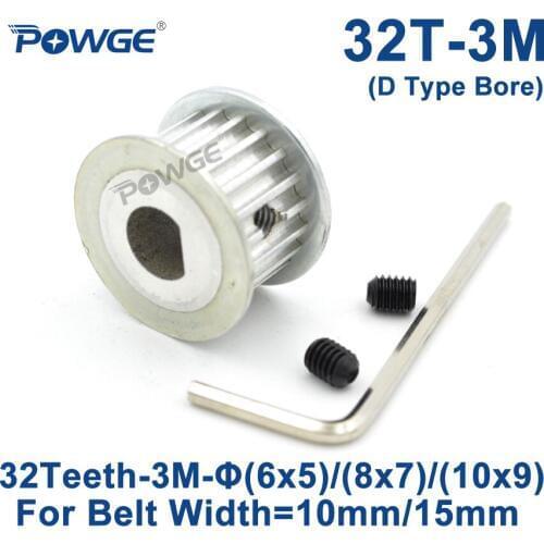 POWGE 32 Teeth HTD 3M Synchronous Pulley D Type Bore 6x5/8x7/10x9mm for Width 10/15mm 3M Timing belt HTD3M 32Teeth 32T