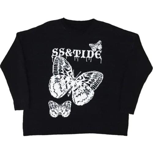 Y2K Sweater Hip Hop Knitted Jumper Sweaters Butterfly Ink Graffiti Streetwear Harajuku Long sleeve Oversized Pullovers Top women