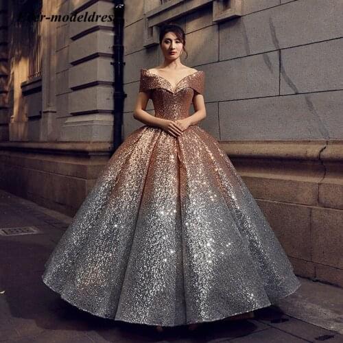 Gorgeous Sparkly Gold Wedding Dresses For Women Vestido De Noiva Sexy Off-Shoulder Sequined Design Custom Made Bridal Gowns 2021