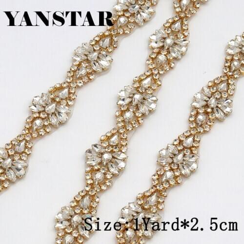 YANSTAR 5Yards Rhinestones Appliques Iron On Wedding Dress Crystal Rhinestones Appliques trim for Bridal Accessories YS976