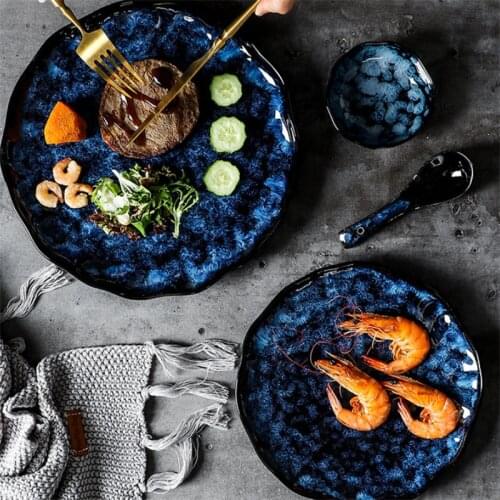 Japanese Ceramic Dinner Plates Household Rice Bowls Creative Retro Kiln Change Tableware Blue Glaze Dessert Dishes Dinnerware