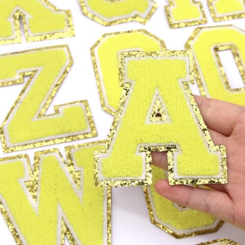 1Pcs Yellow Chenille Letter Patch Towel Embroidery Patches Gold Sequins English Alphabet Iron On Patches For Clothes/Bags
