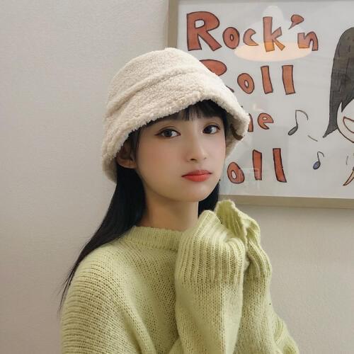 H7751 Women Plush Bucket Hat Girl Imitation Lamb Cashmere Fisherman Cap Female Autumn Winter Korean Pure Color Sweet Lovely Hats