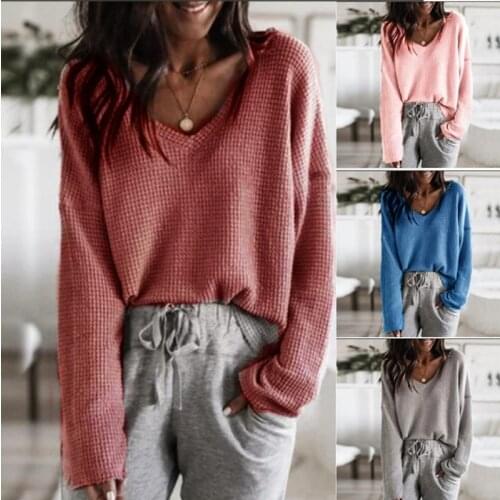 Women Casual Loose T-Shirts Patchwork Design V-Neck Long Sleeve Solid Color Spring Autumn Pullovers Top Knitted Sweate