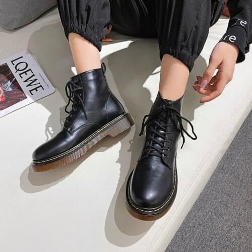 Lace-up Rubber Ankle Boots for Women Martin Boots Round Toe PU Flat Boots for Women Casual Flats Vogue Short Boots Women Shoes