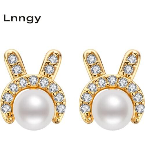 Lnngy 14K Gold Filled Rabbit Earring 6-6.5mm Natural Cultured Freshwater Pearl Earring Women Engagement Fine Jewelry Gifts