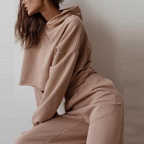 Women Tracksuit Cropped Hoodies Two Piece Set Long Sleeve Sweatshirt Wide Leg Pant Suit 2021 Autumn Lady Casual Streetwear Sets