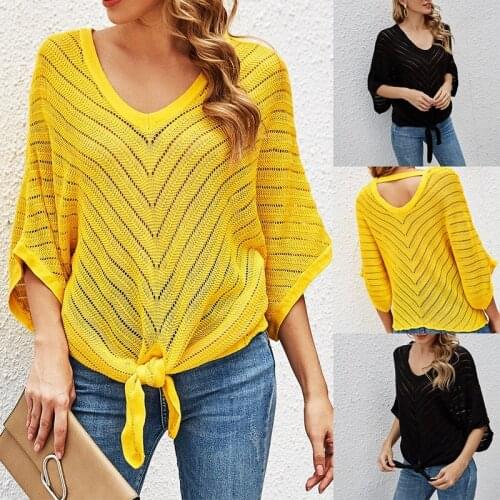 Womens Summer Lace-Up Thin Cutout Sweater V-Neck Five-Point Sleeve Loose Casual Tops