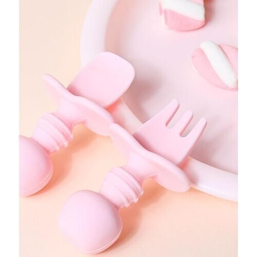 2Pcs/Set Baby Spoon Fork Set Food Grade Silicone Short Handle Baby Training Spoon Fork Set Cute Cartoon Baby Feeding Tableware