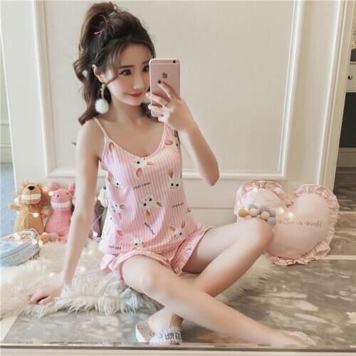 2021Summer Tank Top Shorts Nightwear Girls Sleeveless Sexy Lingerie Pajamas for Women Pijamas Women Sleepwear Sleep Tops