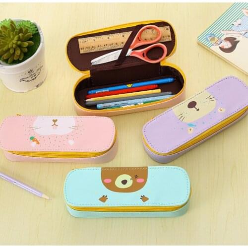 Free Shipping Korean Style Cartoon Kawaii Animals PU Leather Pencil Case Stationery Storage Organizer Bag School Office Supply