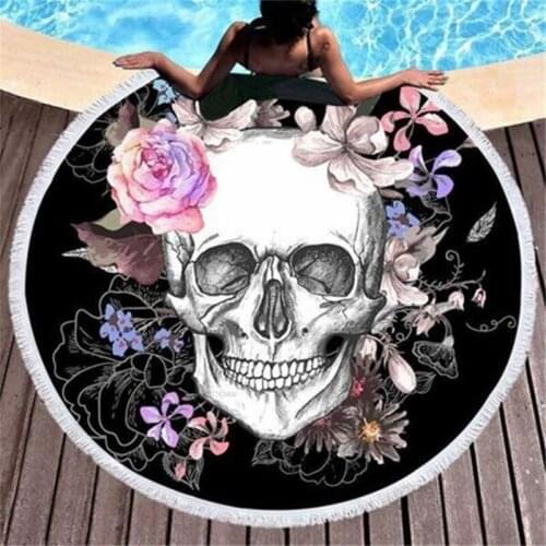 Large Bath Towel For Beach Microfiber Thick 150cm Round Skull Flower Printed Beach Towel Quick Compressed Tapestry Yoga Mat