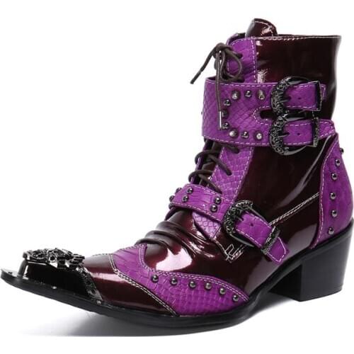 Purple Pointed Toe High Heel Western Boots Trendy Personality Height Increase Men Boots Nightclub Bars Dancer Singer Work Boots