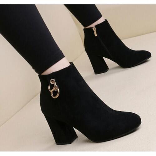 Winter autumn Retro Women Warm womens boots Vintage Block Heel Ankle High heel Boots Side Zipper High Heels Women Shoes Big