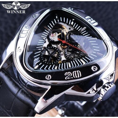 Winner Sport Racing Series Clock Unique Triangle Shape Design Black Red Hands Mens Mechanical Wristwatches Relogio Masculino