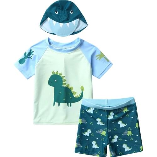 Kids Boys Swimwear Cute Dinosaur Printed Baby Boy Swimsuit Short Sleeves Tops With Shorts And Swimming Cap Set Boys Bathing Suit