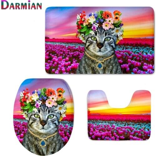 Hot Luxury 3D Floral Headdress Cat Print Toilet Seat Covers Warm Washroom Bath Accessories 3Pcs Set Non-slip WC Floor Mat Rugs