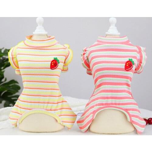 Cotton Striped Dog Pajamas Long Sleeves Cat Shirts Strawberry Printed Puppy Jumpsuit Cute Pet Clothes for Small Medium Dogs Girl