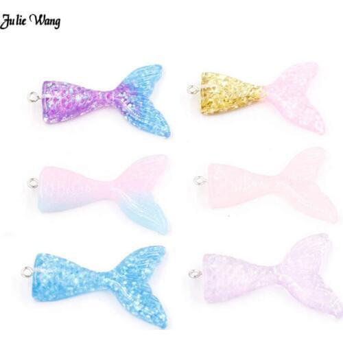 Julie Wang 4pcs Gradient Mermaid Tail Necklace Charms Resin Cabochon Scrapbook Bracelet Keychain Pendant DIY Accessory Supplies