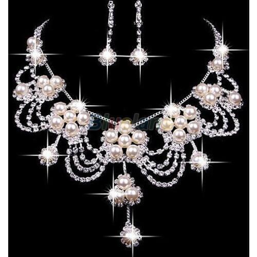 Bluelans Sliver Plated Rhinestone Crystal Faux Pearl Necklace+Earring Jewelry Set For Bride Bridal Wedding