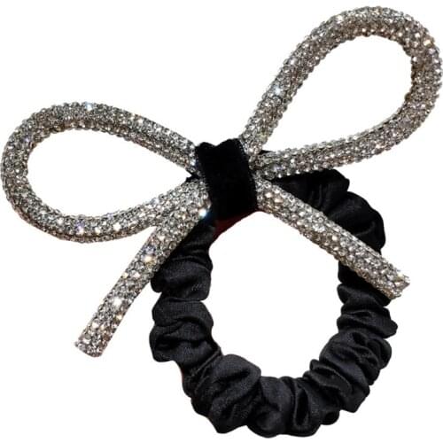 Korean Ladies Rhinestone Bowknot Hair Ties Rope Luxury Glitter Jeweled Elastic Rubber Band Ponytail Holder Decorative Velvet Scr