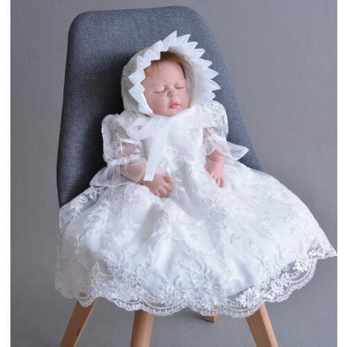 Short Sleeves Baby Christening Gowns O Neck Ruffles Baby Girls Baptism Dress Communion Wear with Bonnet 2020