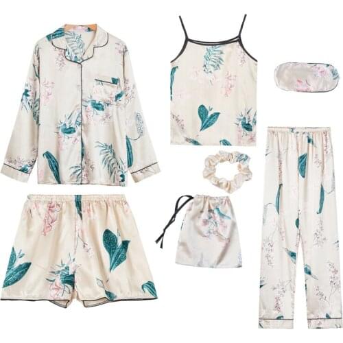 Spring, summer and autumn new ice silk shorts camisole long-sleeved trousers seven-piece pajamas ladies home service 7 sets