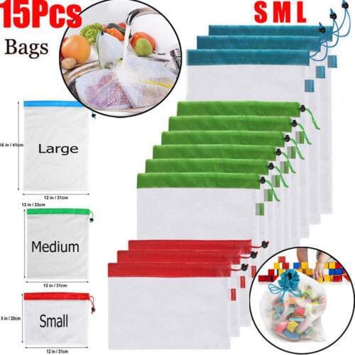 12/15Pcs Reusable Mesh Produce Bags Grocery Fruit Vegetable Storage Shopping Eco Polyester Bags Solid Hot Shopping Bags