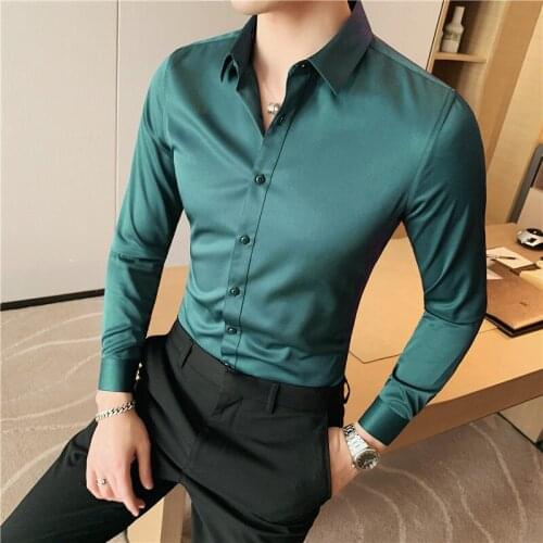 Men Dress Shirts Long Sleeve Solid Basic Slim Fit UNIFORM Clothes Business Casual Color Blouses Man Formal Work Wedding Clothing