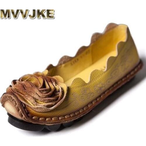 MVVJKE Retro Flats Shoes Women Genuine Leather Spring Summer Loafers Flowers Slip On Women Ballet Flats Shoes