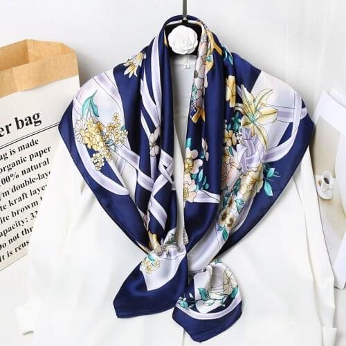 New Design Flower Printed Multi Function Big Size Soft Imitated Silk 90x90cm Square Women Hijab Scarf Shawl